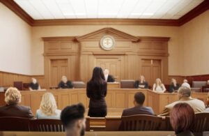 People sitting in a large court room with wooden wall panels, in the foreground a person in a suit, possibly a divorce attorney, stands facing a person behind a tall bench who is wearing a black robe, possibly a family law judge